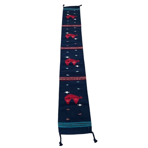 Handwoven Mexican ZAPOTEC Navy Wool Table Runner Red Bears Cloud Tassels 79"x10" - Picture 2 of 7
